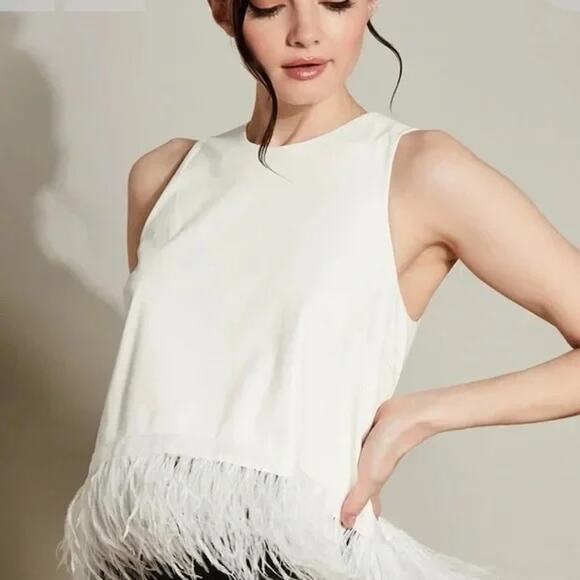 Anthropologie Hutch JoJo Faux Vegan Leather White Feather Trim Crop Top Large - Picture 1 of 10